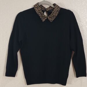 J Crew Black Sweater with Leopard Print Collar